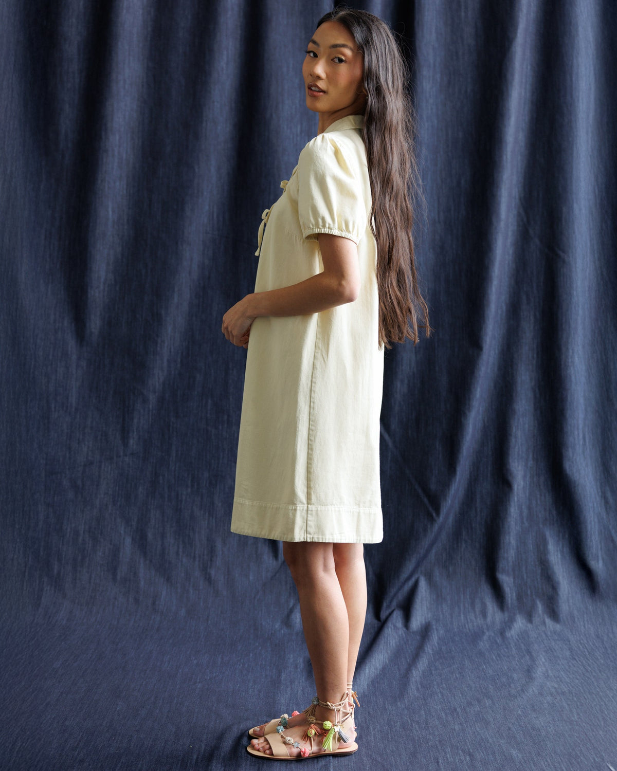 Downeast Demure Denim Dress hanging on a wooden hanger, showcasing classic blue denim with a fitted waist and short sleeves.