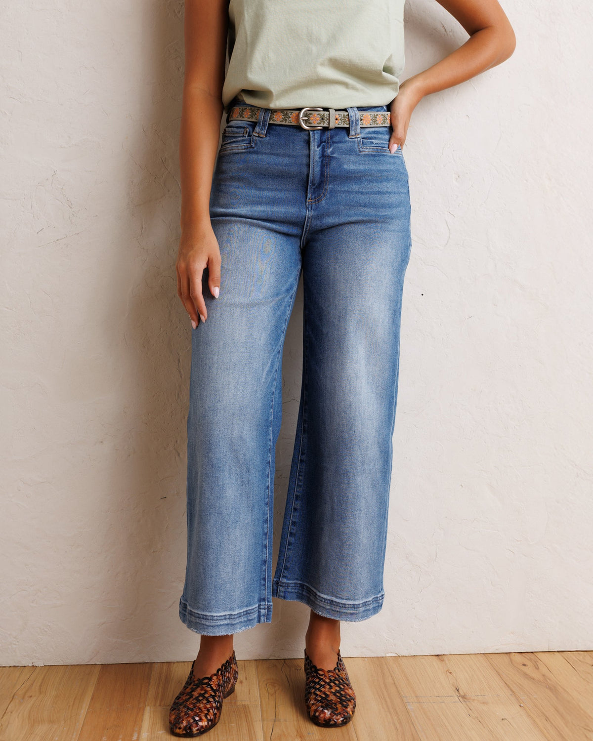 Downeast Super High Wide Cropped Denim Utility Pants with distressed details and a relaxed fit, shown on a model.