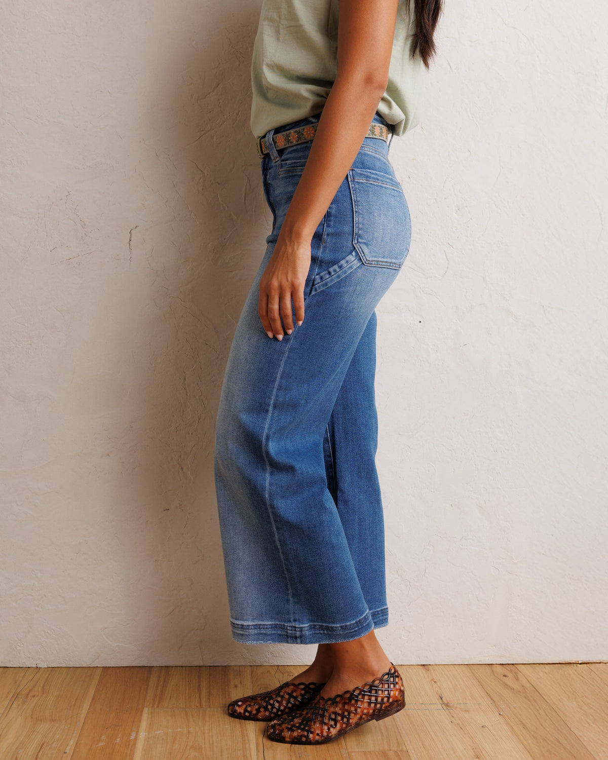 Downeast Super High Wide Cropped Denim Utility pants, showing the front view with wide legs and high-rise fit.