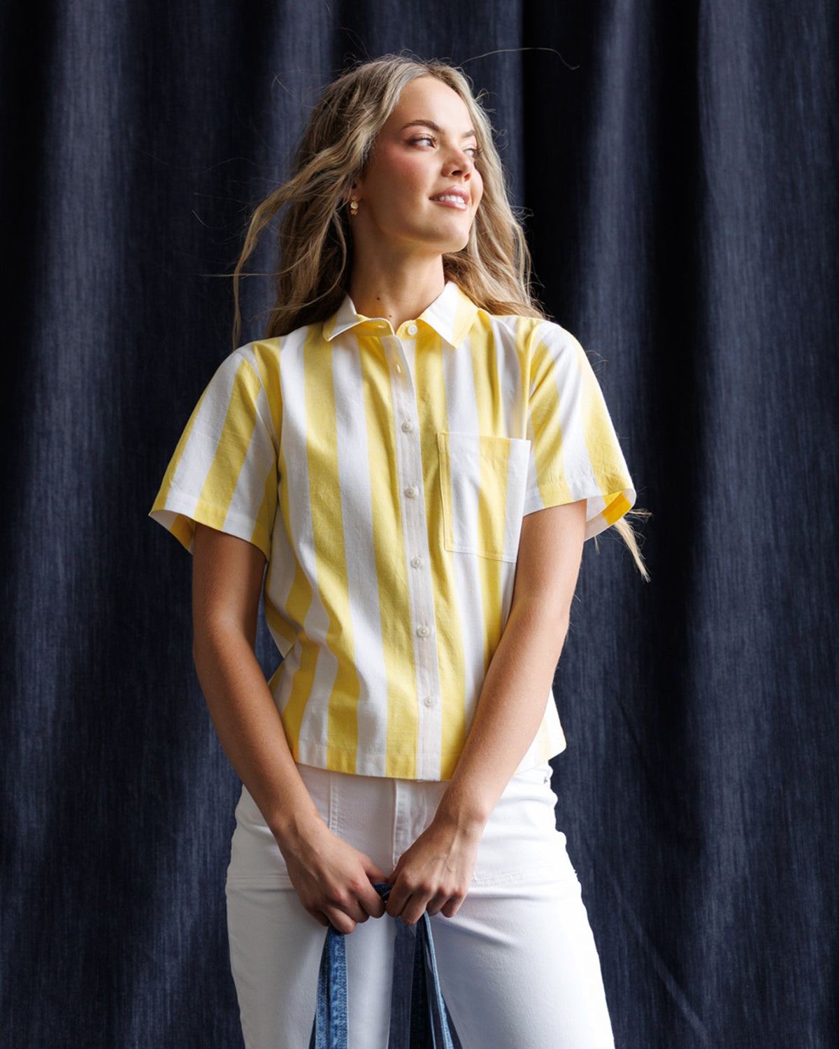 Downeast Lemonade Stand Top, casual women's sleeveless top in bright yellow fabric with playful lemonade print.