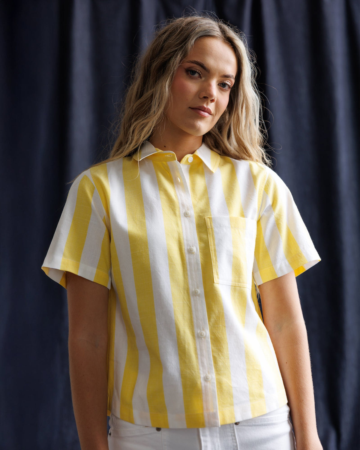 Downeast Lemonade Stand Top, casual sleeveless blouse in yellow with playful print, perfect for summer wear.