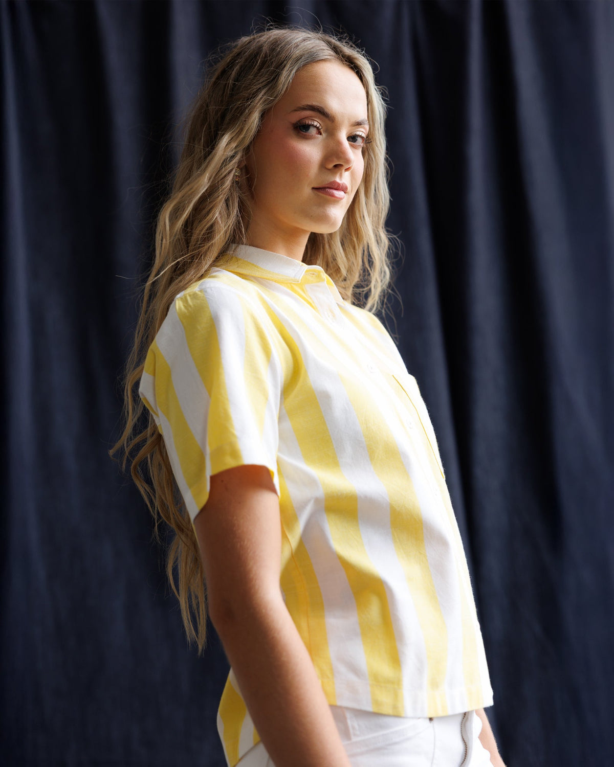 Downeast Lemonade Stand Top, casual sleeveless blouse with lemon print and ruffled neckline, perfect for summer wear.