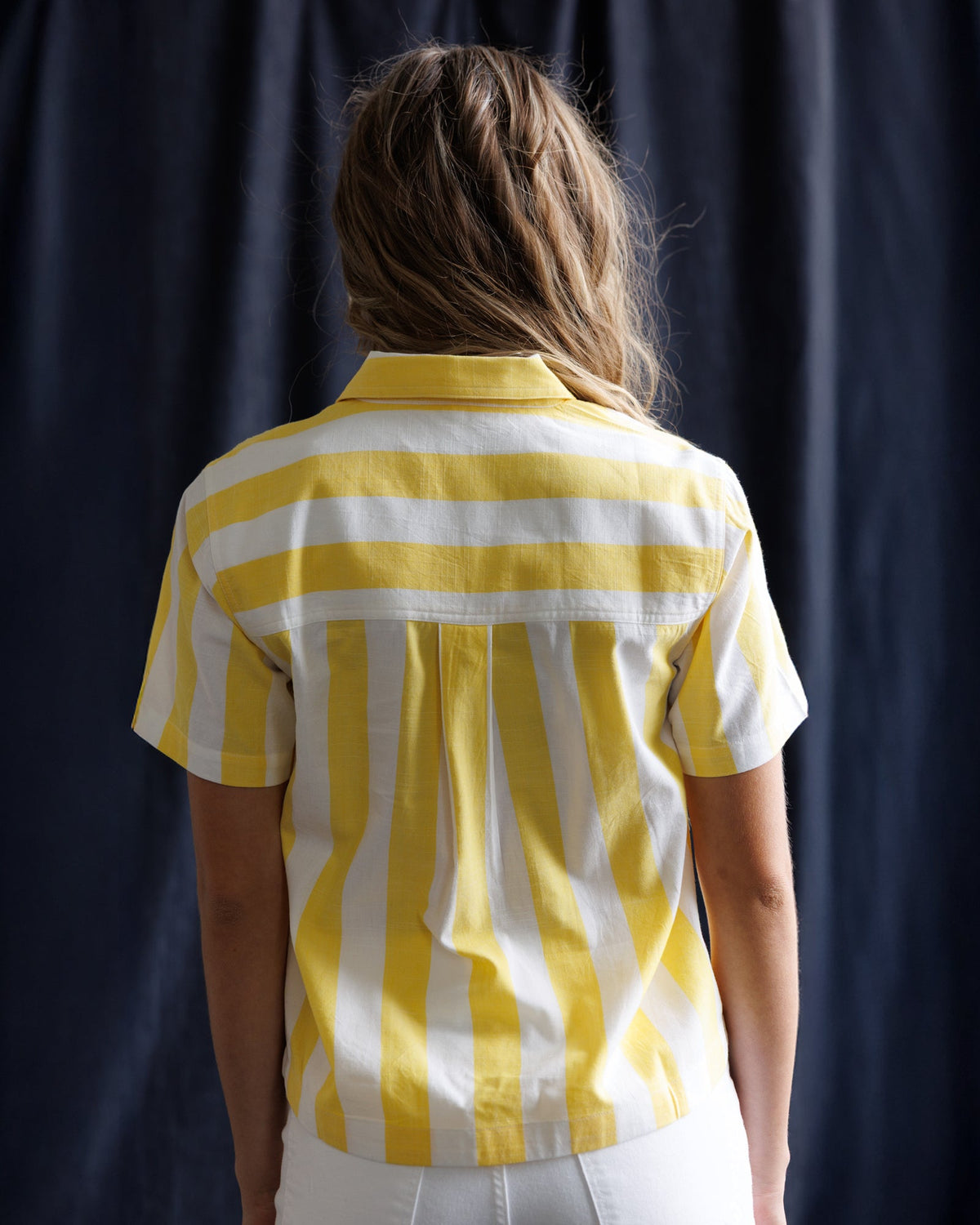Downeast Lemonade Stand Top, casual sleeveless blouse in bright yellow with playful lemonade stand print, perfect for summer.