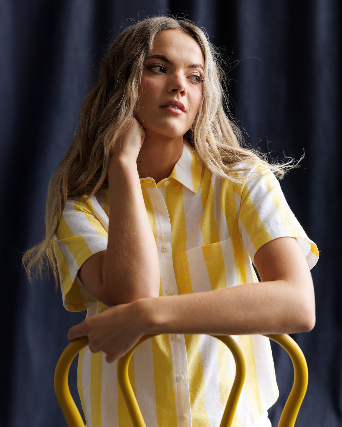 Downeast Lemonade Stand Top, casual women's sleeveless blouse in bright yellow with playful lemonade stand print.