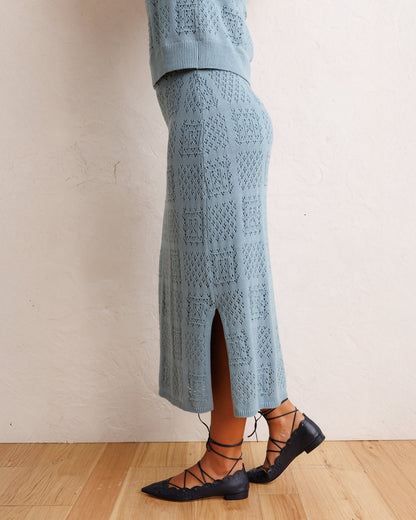 Downeast Frame-Worthy skirt in a stylish, flattering design, shown in a close-up of the fabric and waist detail.