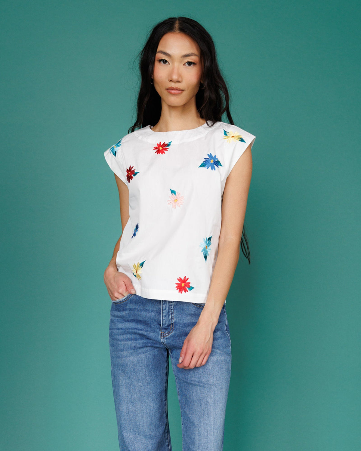 Downeast Flower Farm Top in vibrant floral print, lightweight blouse with short sleeves and relaxed fit.