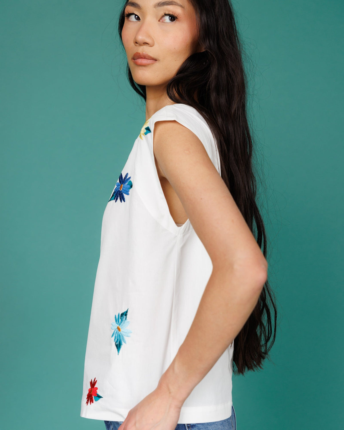Downeast Flower Farm Top, casual women's blouse with floral pattern, short sleeves, and lightweight fabric.