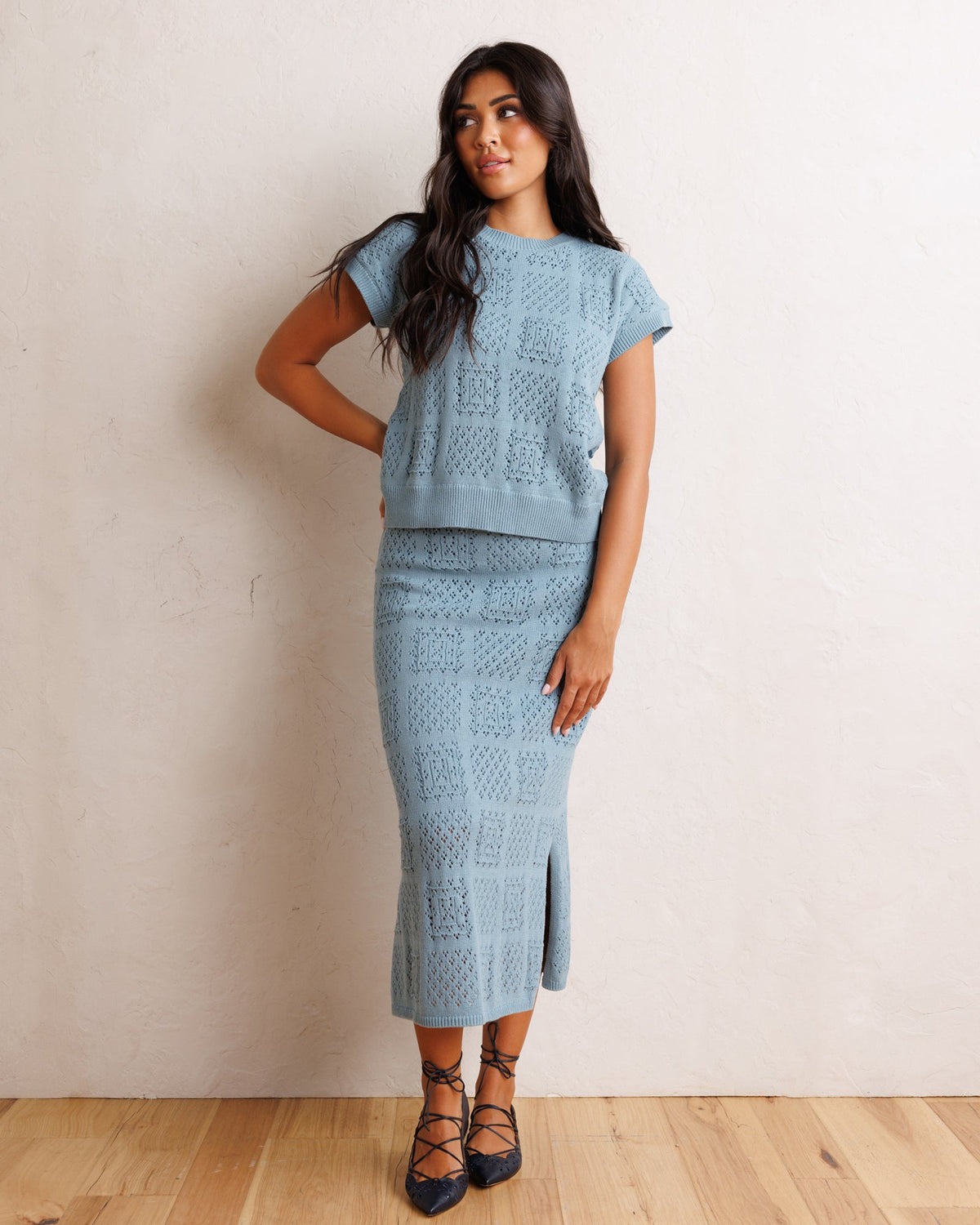 Downeast Frame-Worthy Skirt in soft fabric, featuring a stylish, fitted design perfect for casual or dressy occasions.