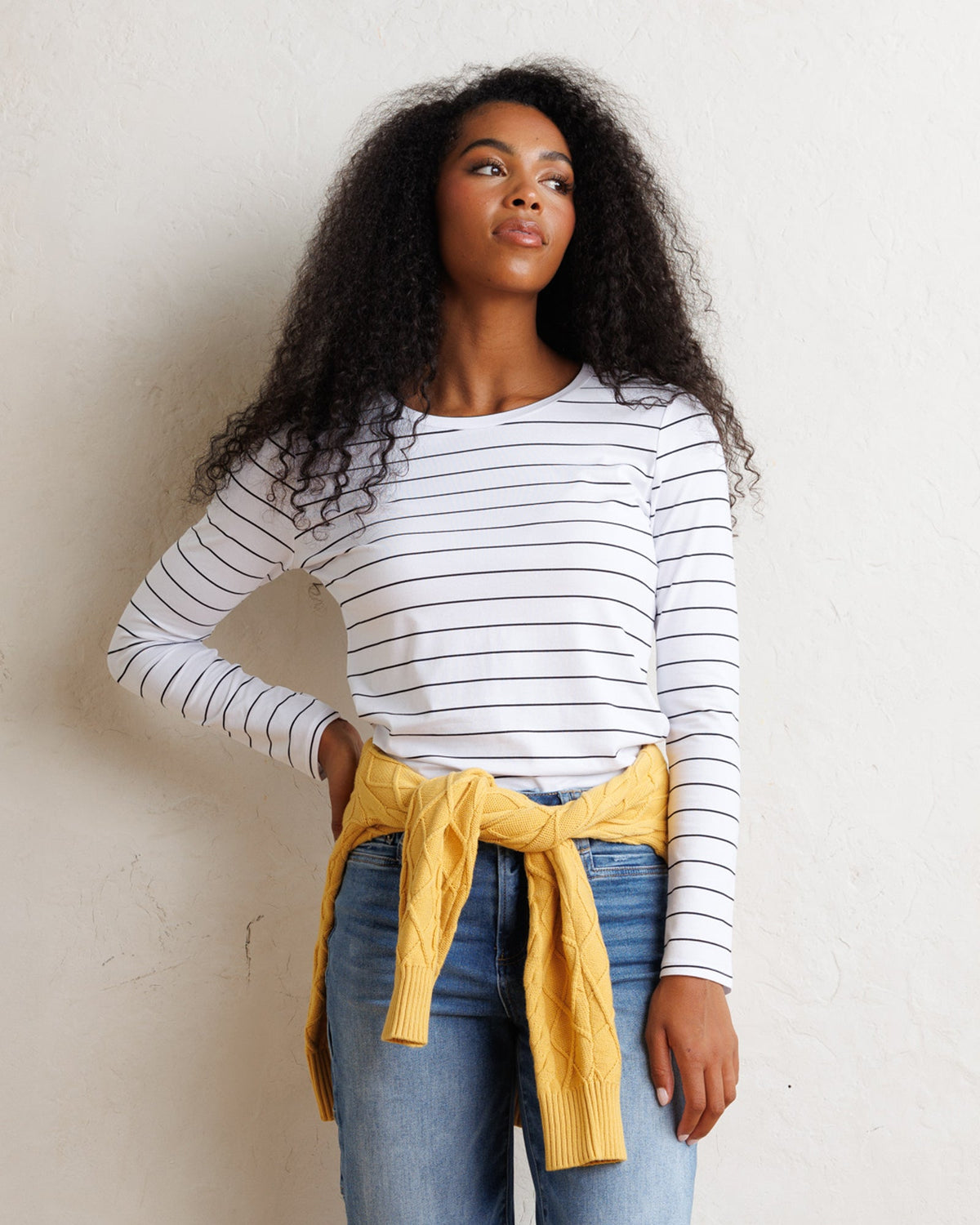 Downeast Essential Long Sleeve Tee, women's casual top in soft fabric, displayed in a neutral color.