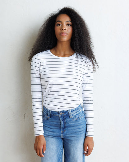 Downeast Essential Long Sleeve Tee, soft cotton top in a versatile color, shown with a relaxed fit and simple neckline.