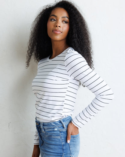 Downeast Essential Long Sleeve Tee in soft fabric, shown in a neutral color, casual top for everyday wear.