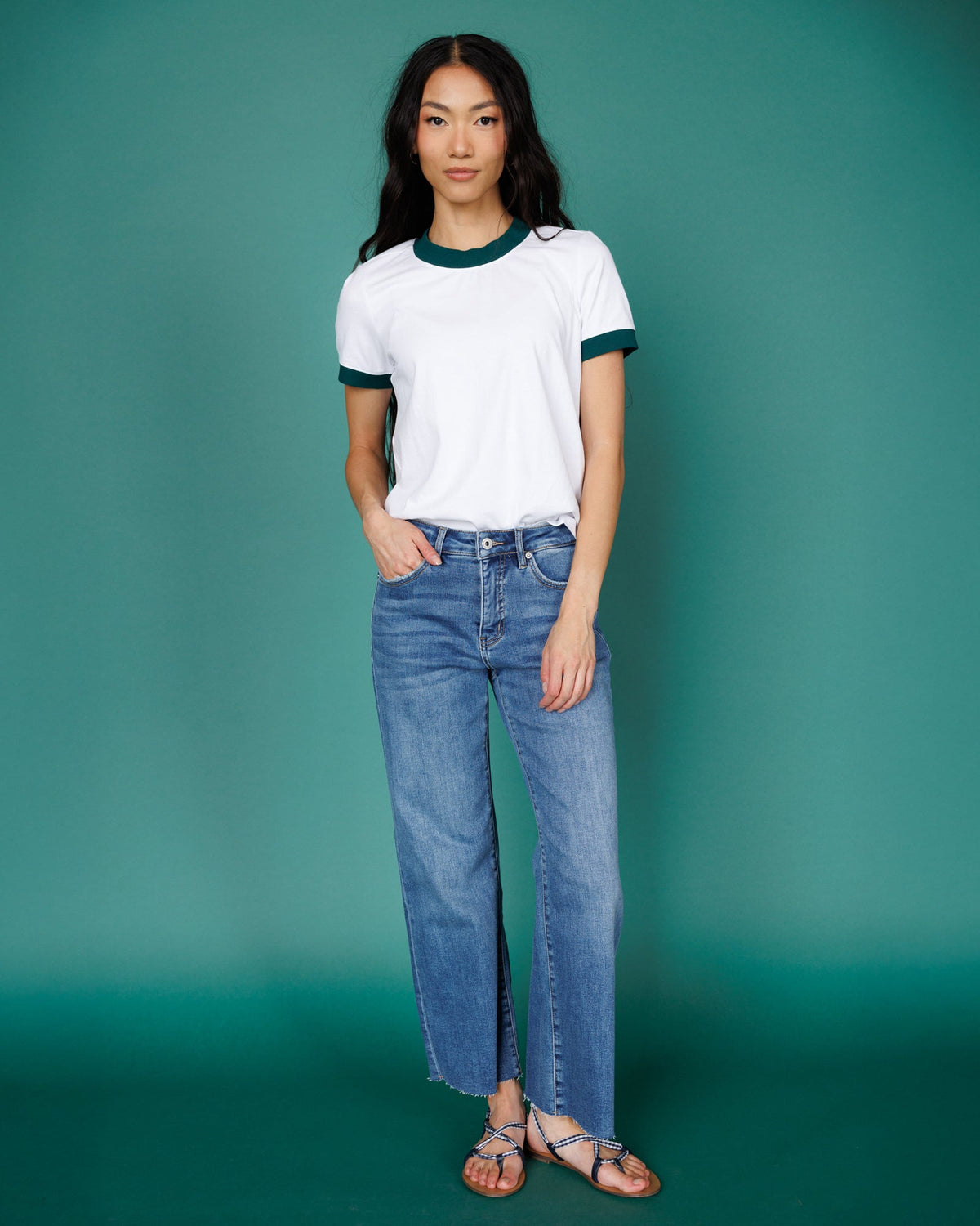 Downeast ringer tee top with contrasting collar and sleeves, featuring a classic casual design and soft fabric.