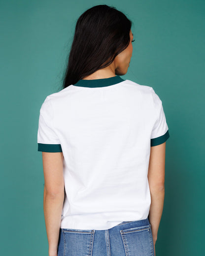 Downeast Your Favorite Ringer Tee, a casual cotton top with contrasting collar and sleeve bands, worn by a person.