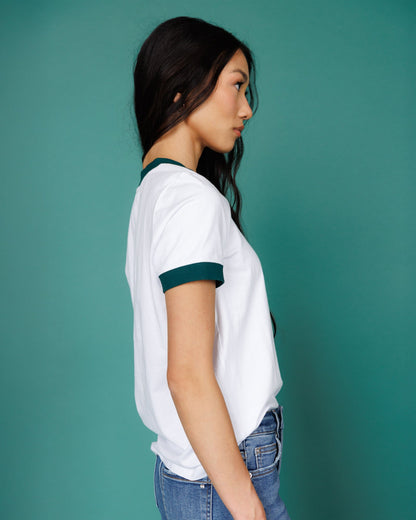 Downeast Your Favorite Ringer Tee, casual short-sleeve tops with contrasting collar and sleeve bands, laid flat on white background.