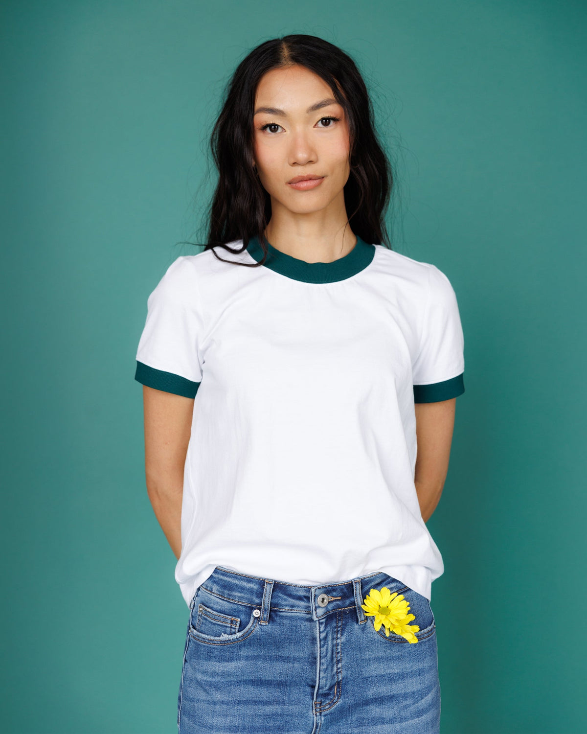 Downeast ringer tee shirt, casual tops with contrasting collar and sleeve bands, soft cotton fabric, front graphic design.
