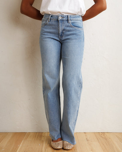Downeast mid-rise wide stripe denim jeans showing a close-up of the striped fabric and classic denim stitching.