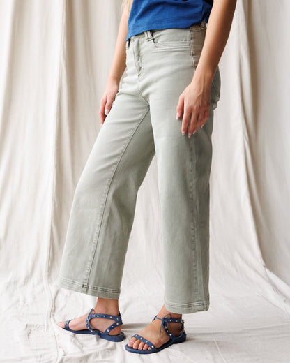 Downeast Super High Wide Cropped Denim Utility Pants displayed on a hanger, showcasing their relaxed fit and stylish utility design.