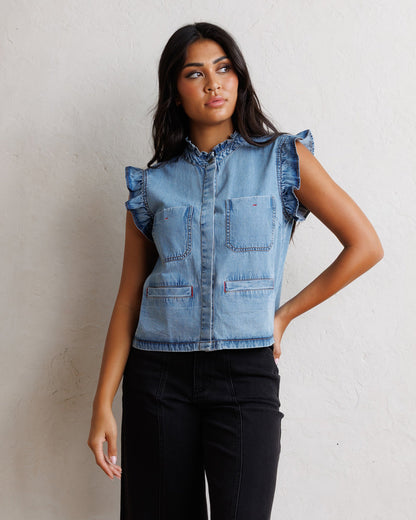 Downeast day-to-day denim vest, casual outerwear with button closure and classic denim styling, displayed on a hanger.