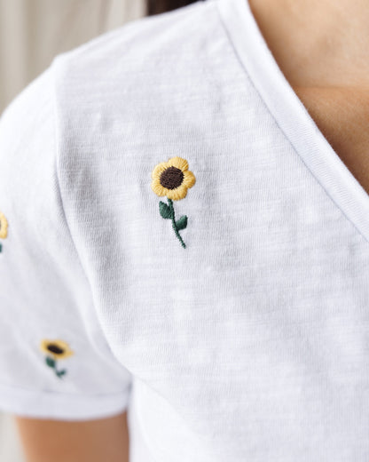 Downeast Sunflower Fields Tee, casual tops with vibrant sunflower print, comfortable fabric, perfect for spring and summer wear.