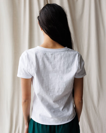 Downeast sunflower fields printed tee shirt for women, featuring a vibrant sunflower design on soft cotton fabric.