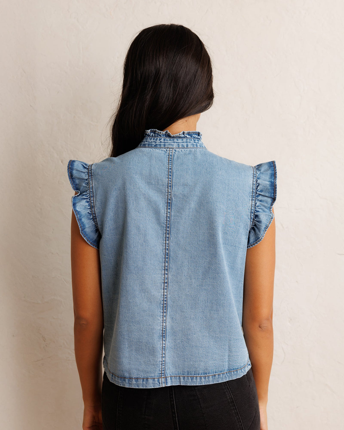Downeast Day To Day Denim Vest, stylish outerwear with classic denim fabric, front pockets, and button closure.