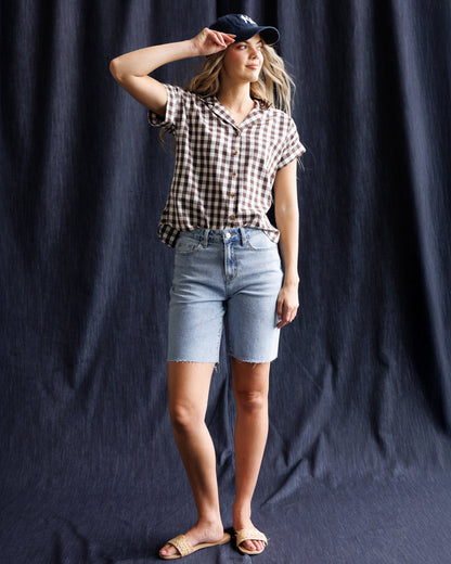 Downeast In Check Top featuring a stylish plaid pattern, long sleeves, and a relaxed fit for casual everyday wear.