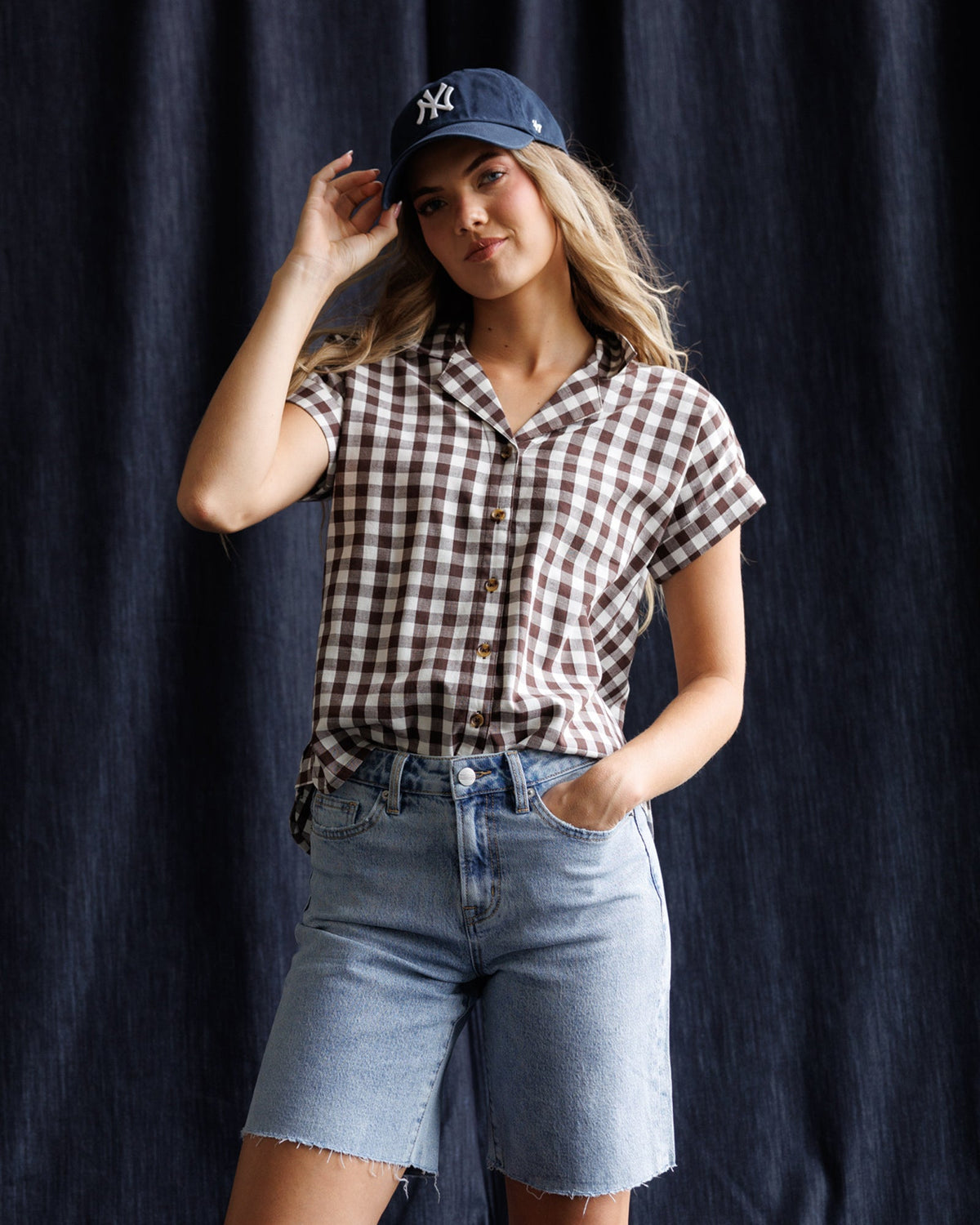Downeast In Check Top featuring a stylish plaid pattern, long sleeves, and a relaxed fit, perfect for casual or layered looks.