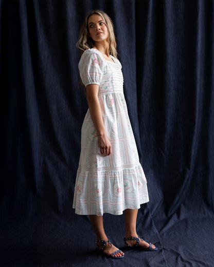 Downeast cross stitch crochet dress, a stylish women's dress featuring intricate stitching and lightweight fabric, perfect for summer wear.