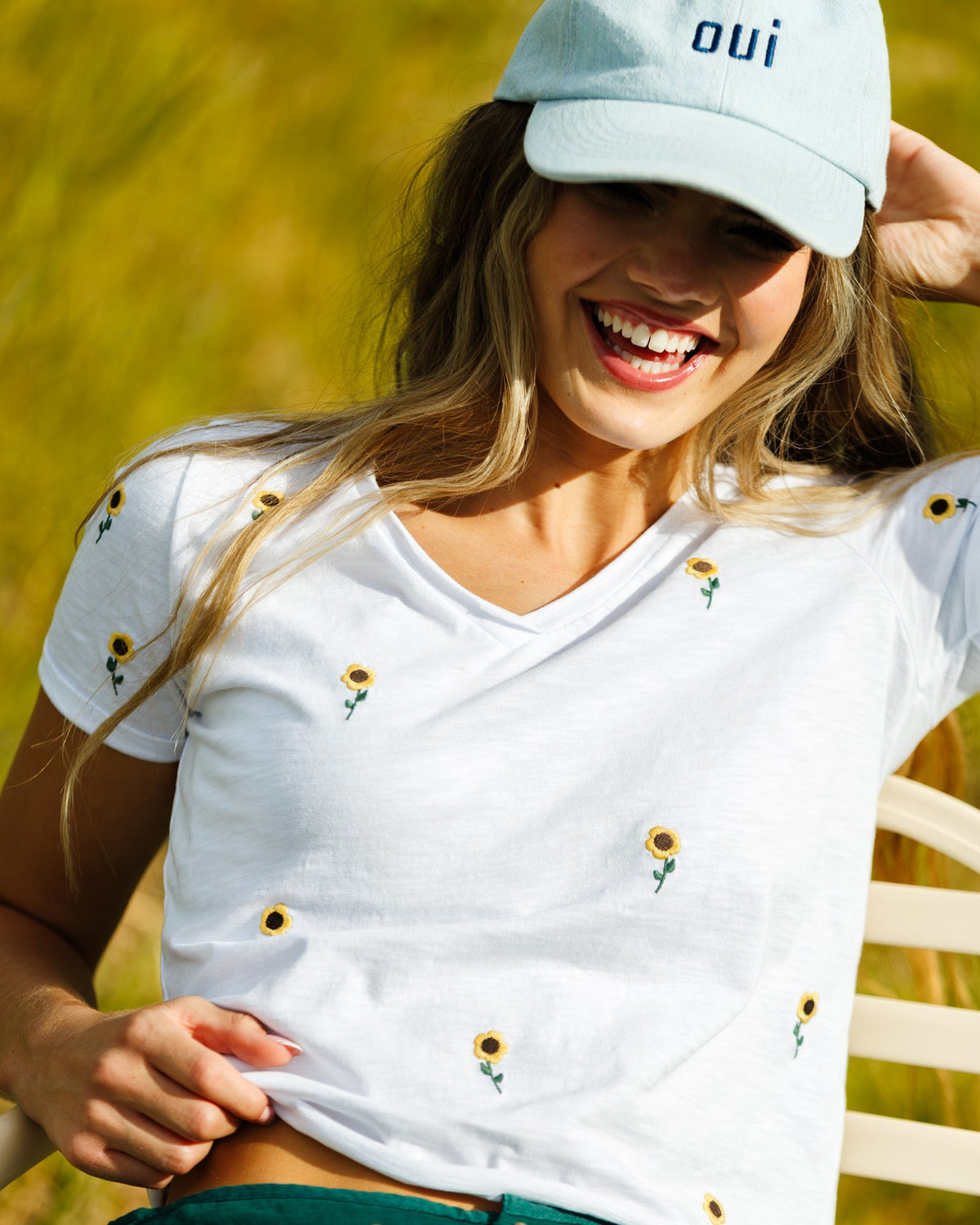 Downeast sunflower fields print top, casual tee with vibrant sunflower design on soft fabric for a stylish summer look.