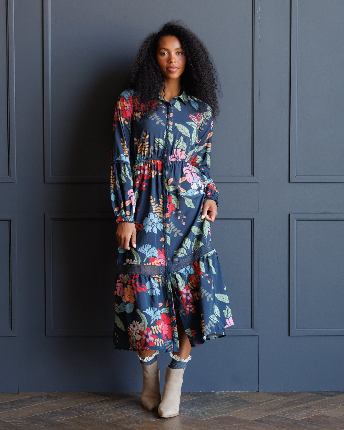 Downeast Wheatland Maxi Dress in flowing fabric with a fitted bodice and full-length skirt, perfect for casual or semi-formal wear.
