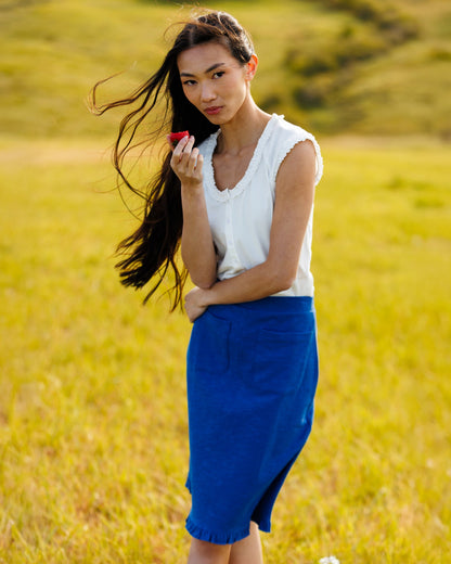 Downeast Perfect Balance Pretty Skirt in soft fabric with a stylish, feminine design and subtle pattern, shown on a model.