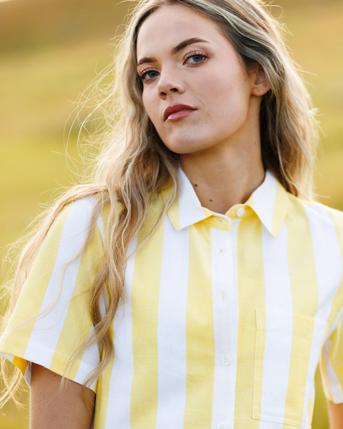 Downeast Lemonade Stand Top, casual women's short-sleeve blouse with tie-front detail, light and breezy summer top.