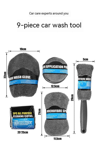 9-piece car wash cleaning set with washing tools, including brushes, microfiber cloths, and detailing accessories