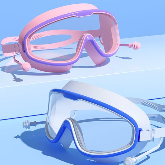 Large-frame waterproof non-fogging swimming goggles with adjustable blue straps and clear lenses