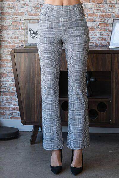 Heimish full size plaid flare pants with wide waistband, plus size, featuring a stylish checkered pattern and relaxed fit.