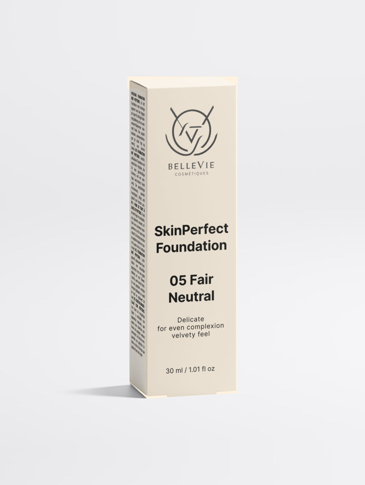 BelleVie Cosmétiques Peptide Skin-Perfecting Foundation in shade 05 Fair Neutral, featuring a smooth, balanced finish for fair skin.