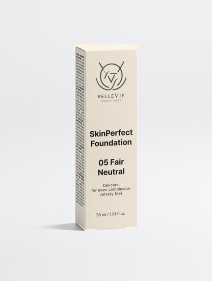 BelleVie Cosmétiques Peptide Skin-Perfecting Foundation in shade 05 Fair Neutral, featuring a smooth, balanced finish for fair skin.
