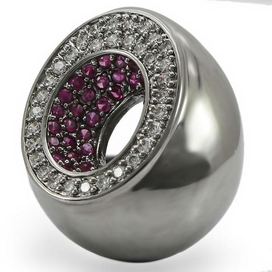 Alamode Ruthenium Brass Ring featuring a synthetic garnet in ruby color, showcasing a detailed, elegant jewelry design.