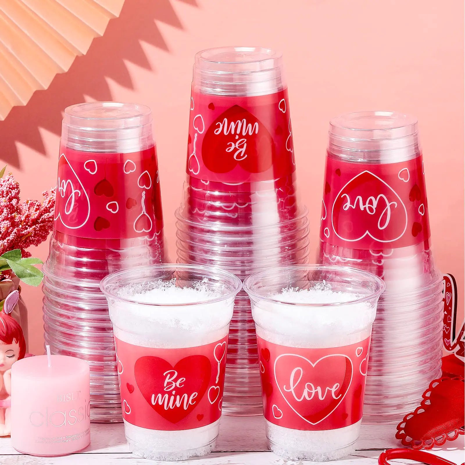 Meanplan 100 Pcs 12 oz Valentine Plastic Cups Valentines Day Disposable Cups Valentine Cups Pink Heart Valentines Day Cups Valentines Day Party Supplies for Liquor Iced Coffee Juice(Be Mine Style)