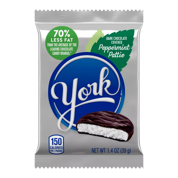 York Peppermint Patty candy in 1.4oz package by Pasteur Pharmacy, showing a chocolate and mint treat on the front.