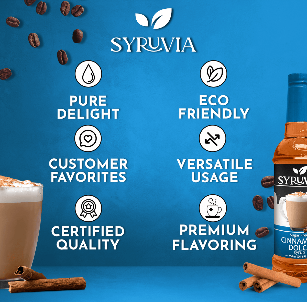 Bottle of Syruvia sugar-free cinnamon dolce syrup with a clear label, perfect for flavoring coffee and desserts.