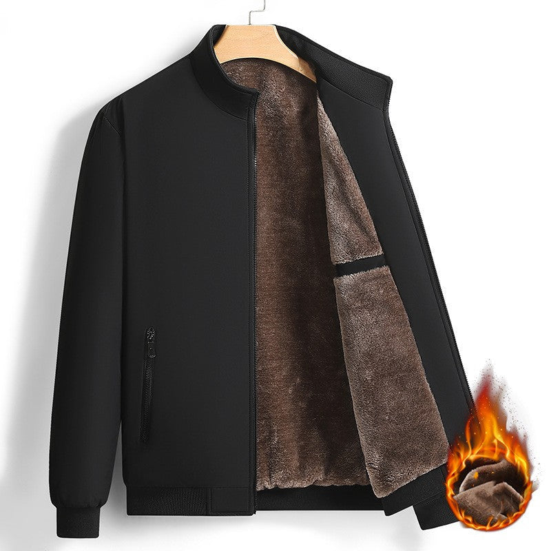 Men's winter jacket with thick fleece lining, full-length design, and warm outerwear style