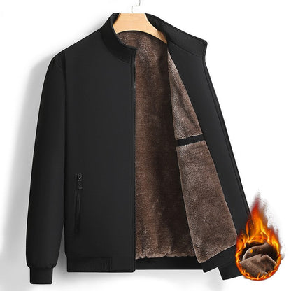 Men's winter jacket with thick fleece lining, full-length design, and warm outerwear style