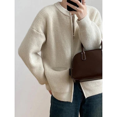 Women's laid-back zip-up sweater coat with a relaxed fit and cozy knit texture