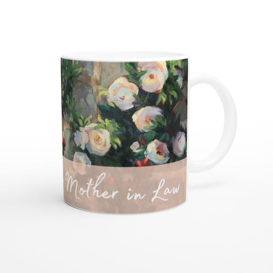 Ceramic "Mother in Law" 11oz white mug with white roses artwork by Barbara Cleary, part of Gelato's bridal collection.
