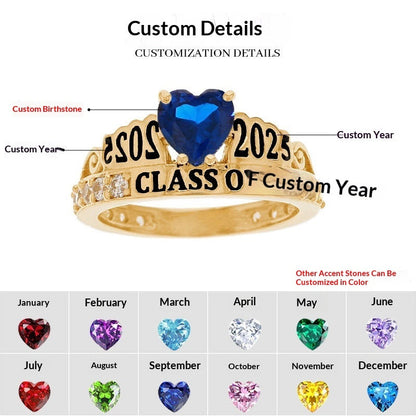 December birthstone graduation commemorative ring with blue gemstone and detailed band design