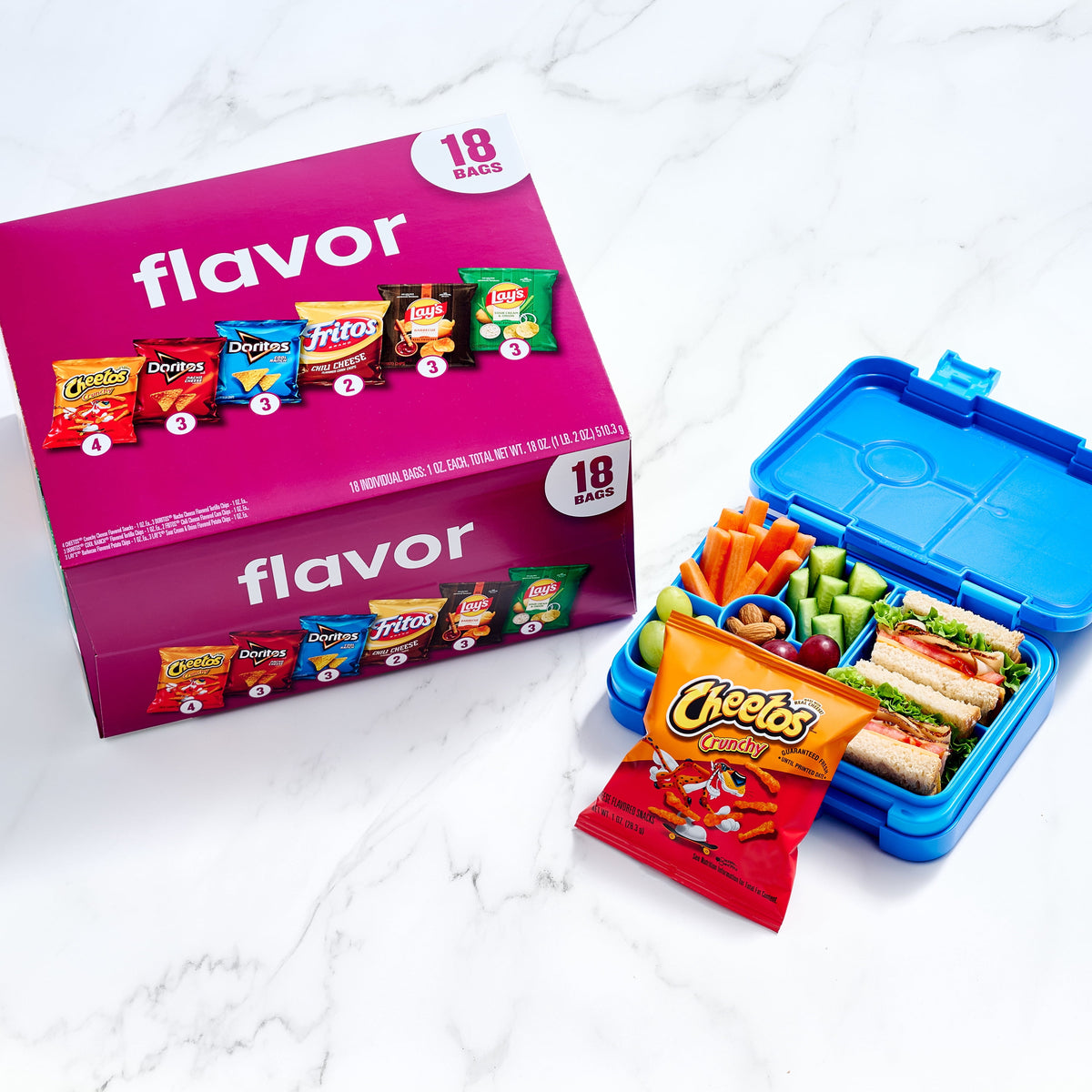 BACKUPMYFILESNOW® snack chips variety pack with assorted Frito-Lay flavor mix, featuring colorful chips in an 18-pack.