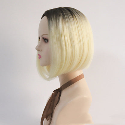 Women's short bob wig with medium split and gradient color, synthetic hair style