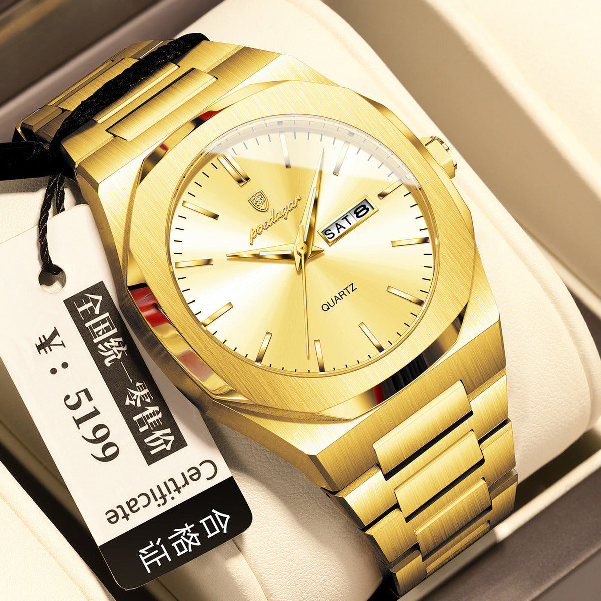 Men's waterproof luminous quartz watch with dark dial and stainless steel bracelet