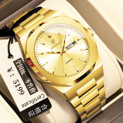 Men's waterproof luminous quartz watch with dark dial and stainless steel bracelet